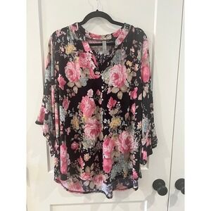 Heyme Curvy Floral V-Neck Tunic Top XXL Black Pink Rose Bell Sleeve Blouse